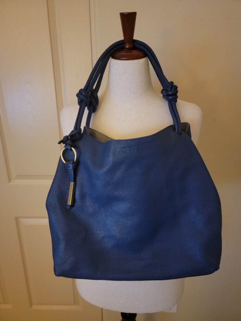Vince Camuto Navy Pebbled Leather Hobo Shoulder Bag Knotted Strap Handbag